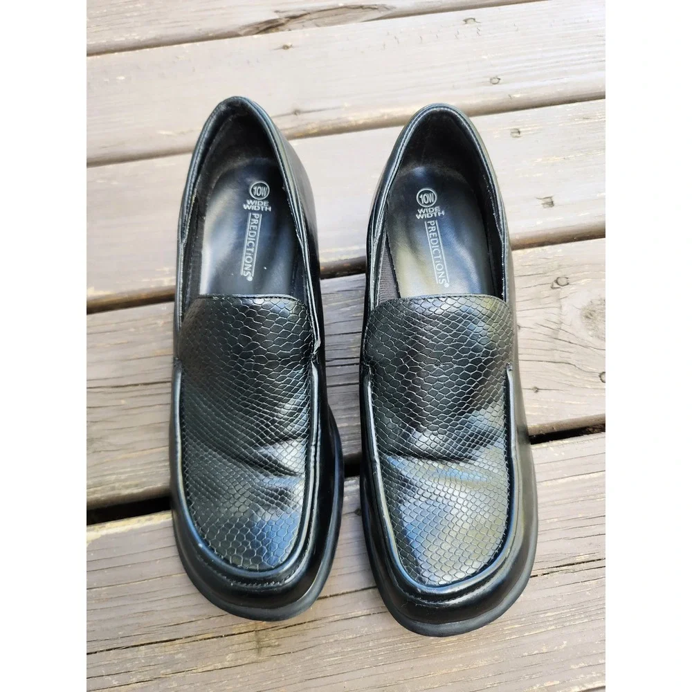Vintage 90s y2k Predictions Loafers Black Chunky Block Heel Snakeskin Texture 10